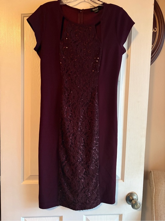 SLNY Dresses & Skirts - SLNY Plum Lace-Sequined Cap Sleeve Midi Dress